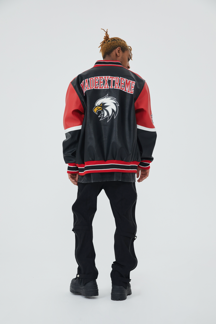 F3F Select  Eagle Embroidery Color Blocking Biker PU Leather Jacket