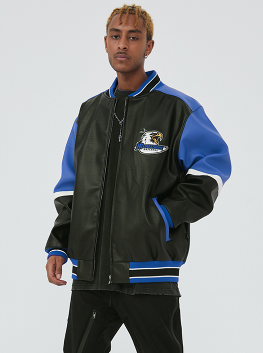 F3F Select  Eagle Embroidery Color Blocking Biker PU Leather Jacket