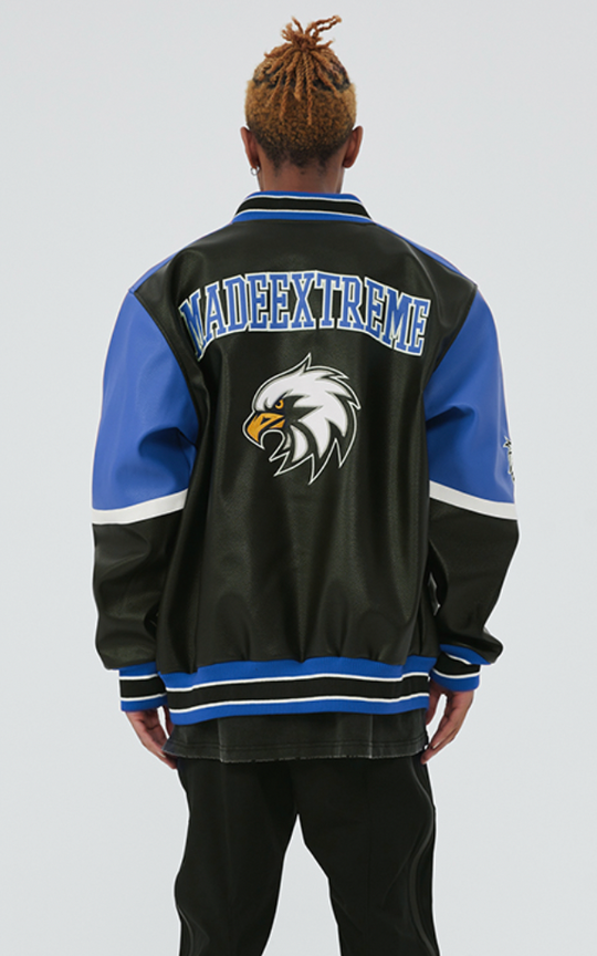 F3F Select  Eagle Embroidery Color Blocking Biker PU Leather Jacket
