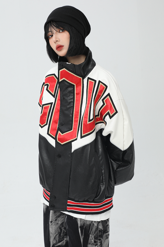F3F Select Spelling Color Embroidered PU Leather Jacket