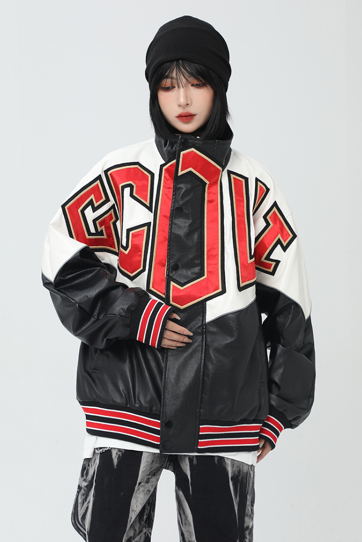 F3F Select Spelling Color Embroidered PU Leather Jacket