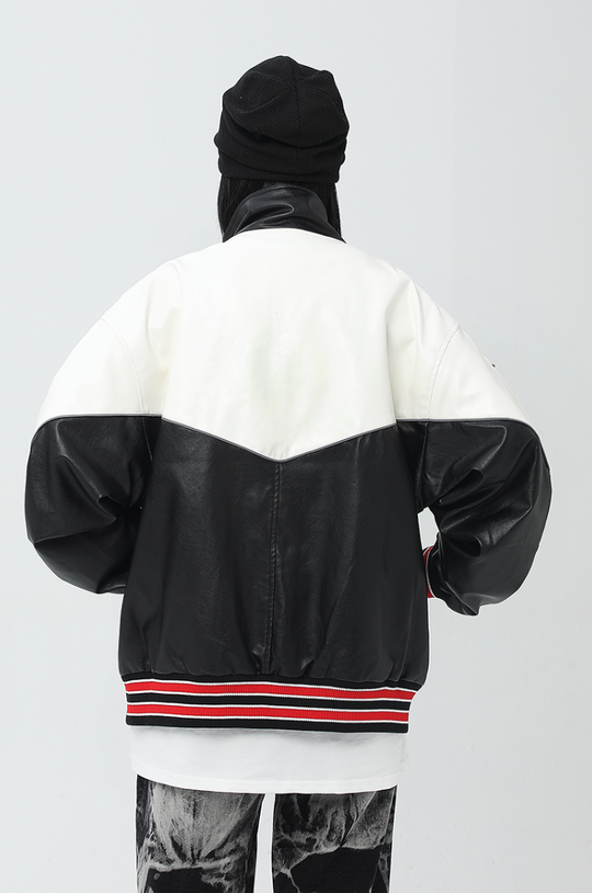 F3F Select Spelling Color Embroidered PU Leather Jacket