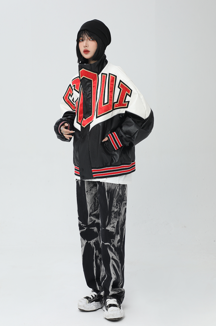 F3F Select Spelling Color Embroidered PU Leather Jacket