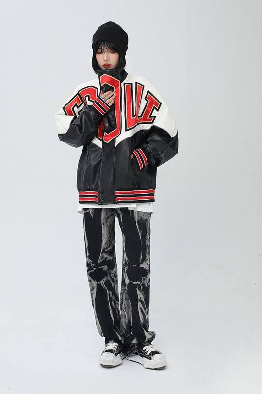 F3F Select Spelling Color Embroidered PU Leather Jacket