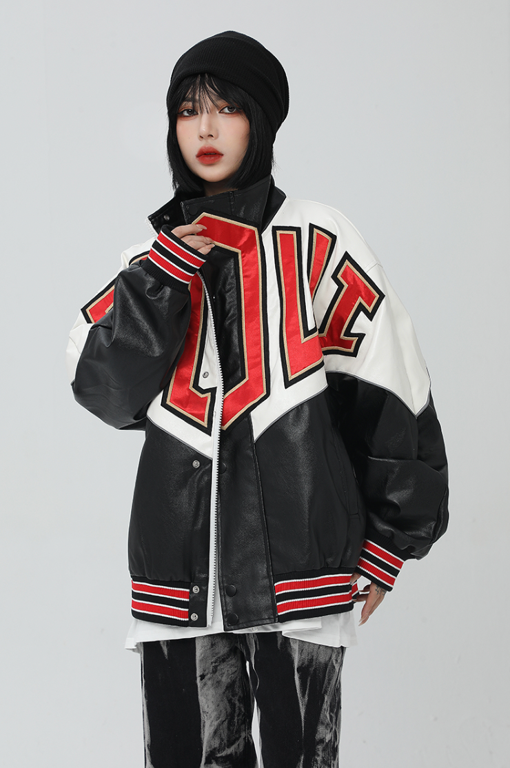 F3F Select Spelling Color Embroidered PU Leather Jacket
