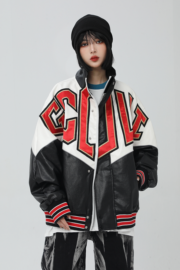 F3F Select Spelling Color Embroidered PU Leather Jacket