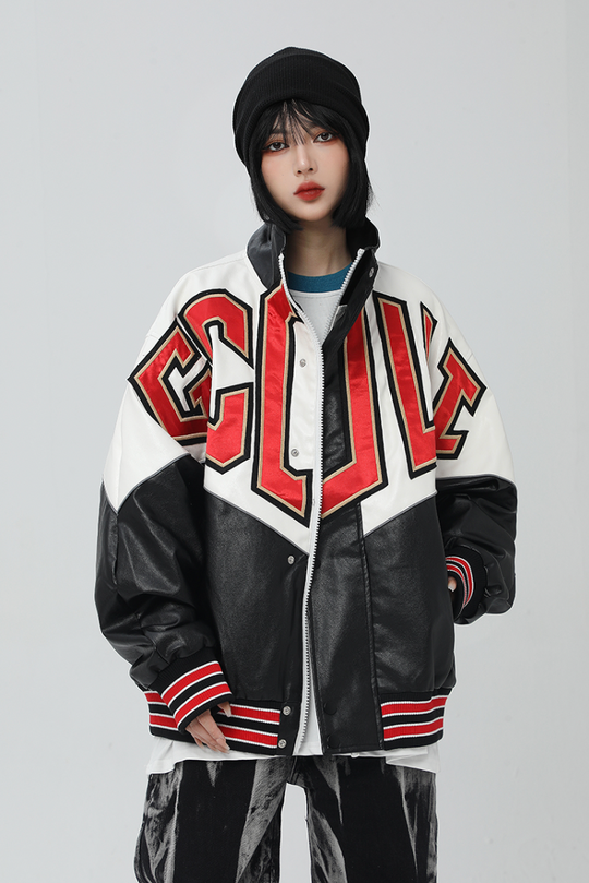 F3F Select Spelling Color Embroidered PU Leather Jacket