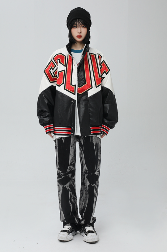 F3F Select Spelling Color Embroidered PU Leather Jacket