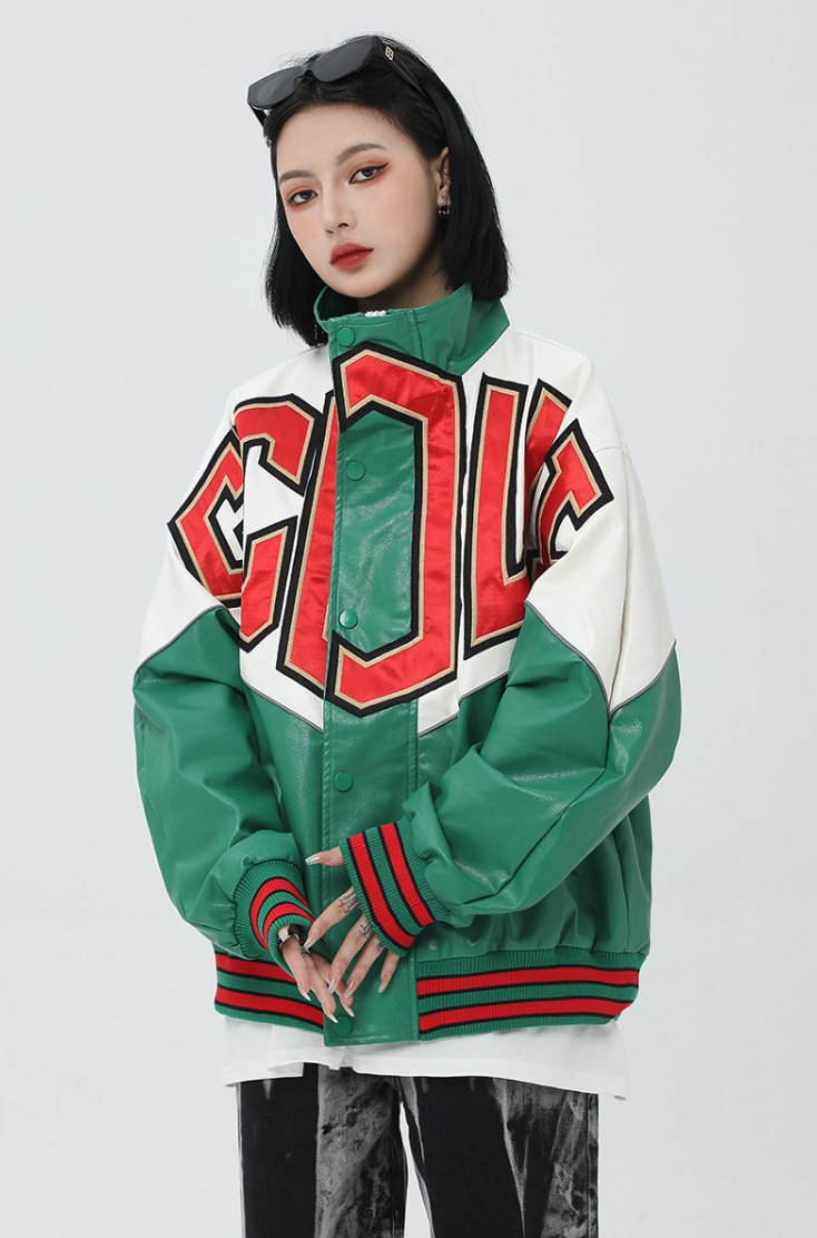 F3F Select Spelling Color Embroidered PU Leather Jacket