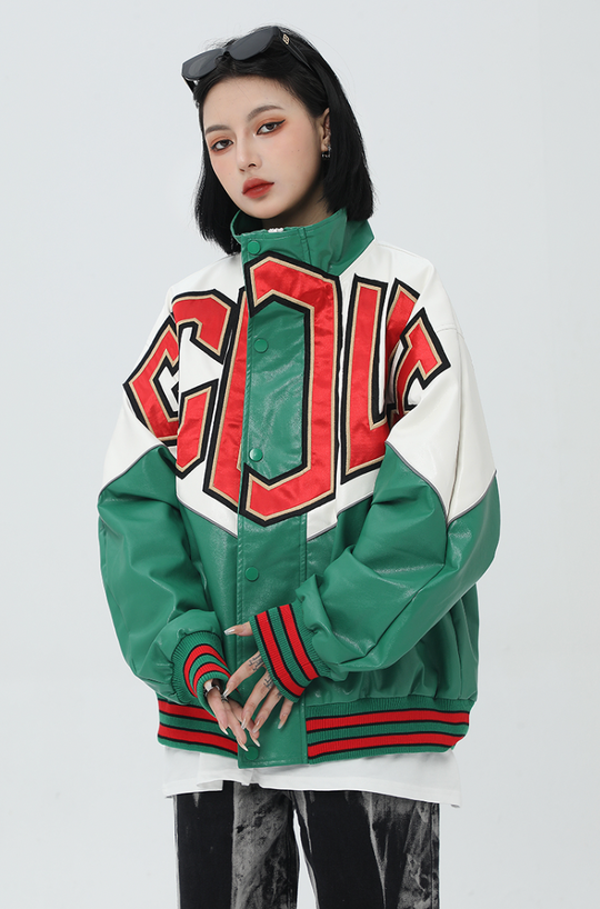 F3F Select Spelling Color Embroidered PU Leather Jacket