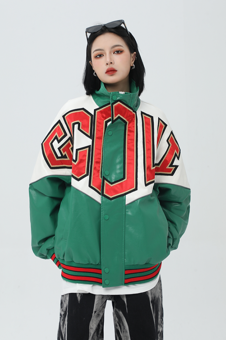 F3F Select Spelling Color Embroidered PU Leather Jacket