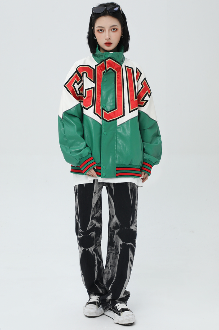 F3F Select Spelling Color Embroidered PU Leather Jacket