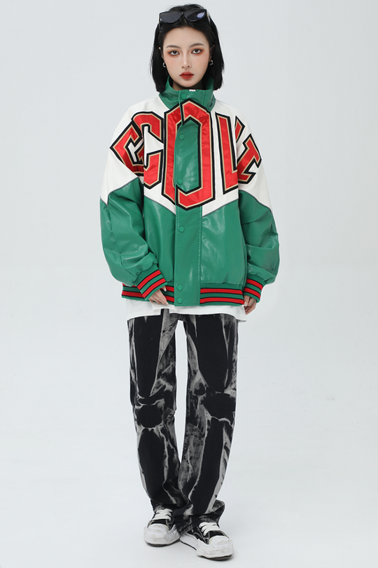 F3F Select Spelling Color Embroidered PU Leather Jacket