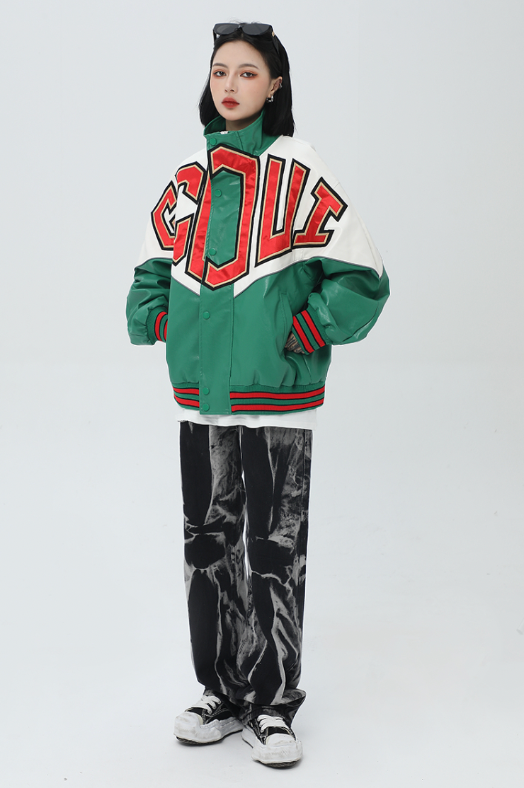 F3F Select Spelling Color Embroidered PU Leather Jacket