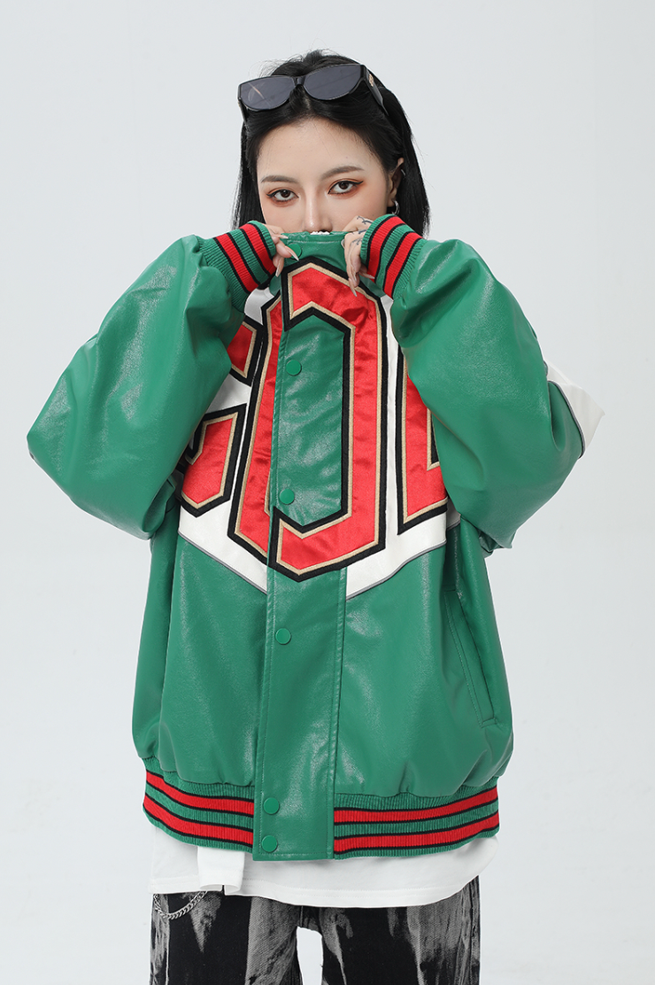 F3F Select Spelling Color Embroidered PU Leather Jacket