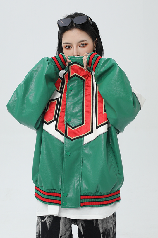 F3F Select Spelling Color Embroidered PU Leather Jacket