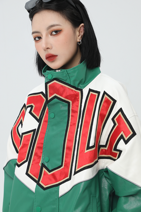 F3F Select Spelling Color Embroidered PU Leather Jacket
