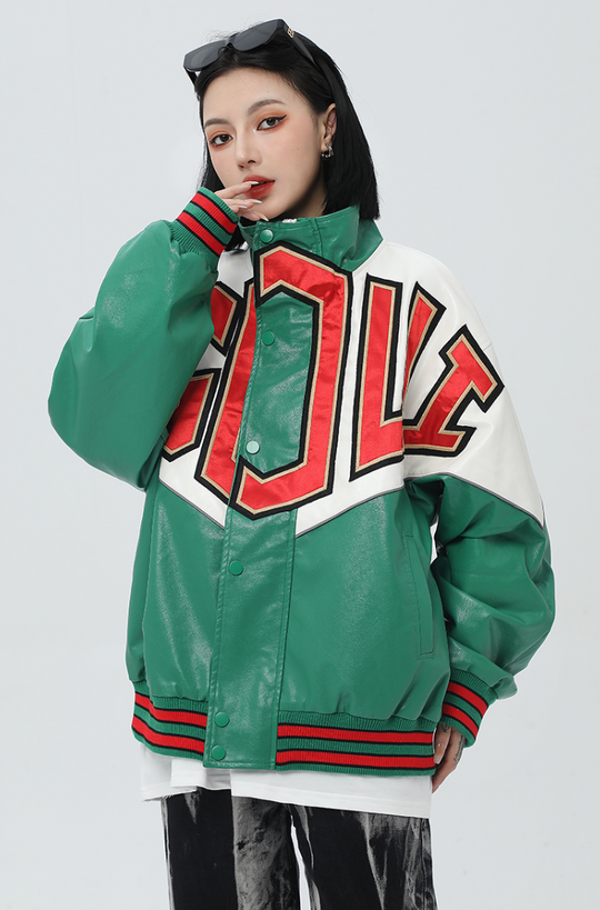 F3F Select Spelling Color Embroidered PU Leather Jacket