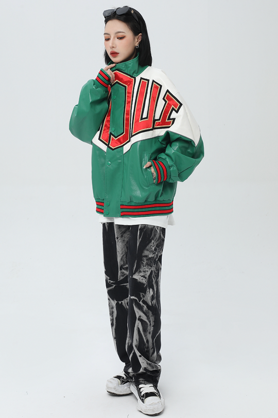 F3F Select Spelling Color Embroidered PU Leather Jacket