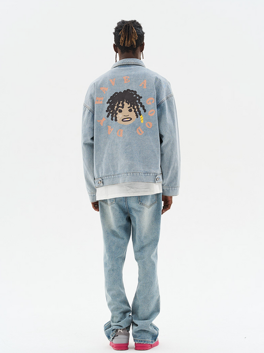 Harsh and Cruel Cartoon Face Printed Denim jacket