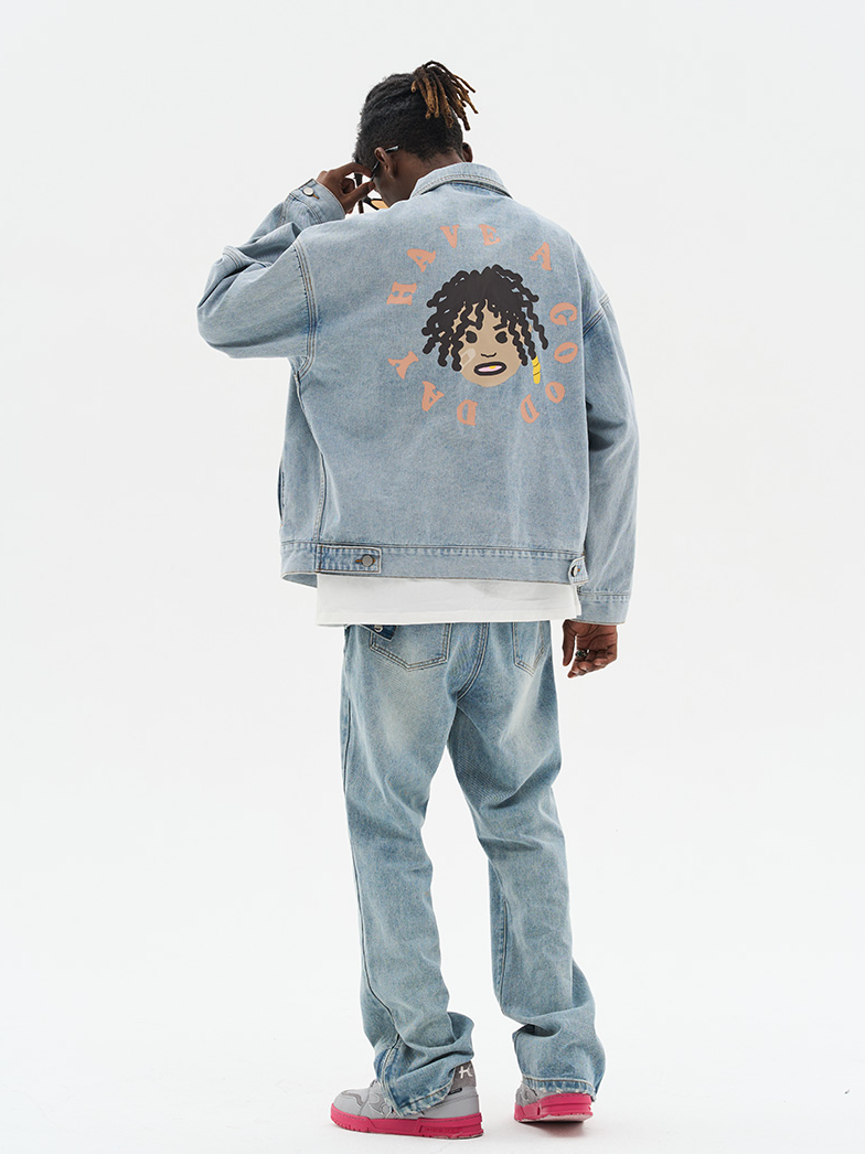 Harsh and Cruel Cartoon Face Printed Denim jacket