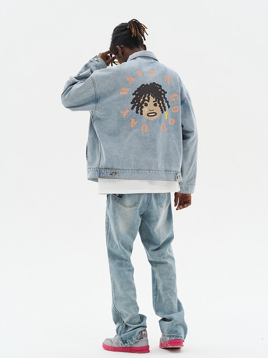 Harsh and Cruel Cartoon Face Printed Denim jacket