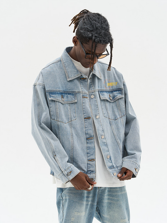 Harsh and Cruel Cartoon Face Printed Denim jacket
