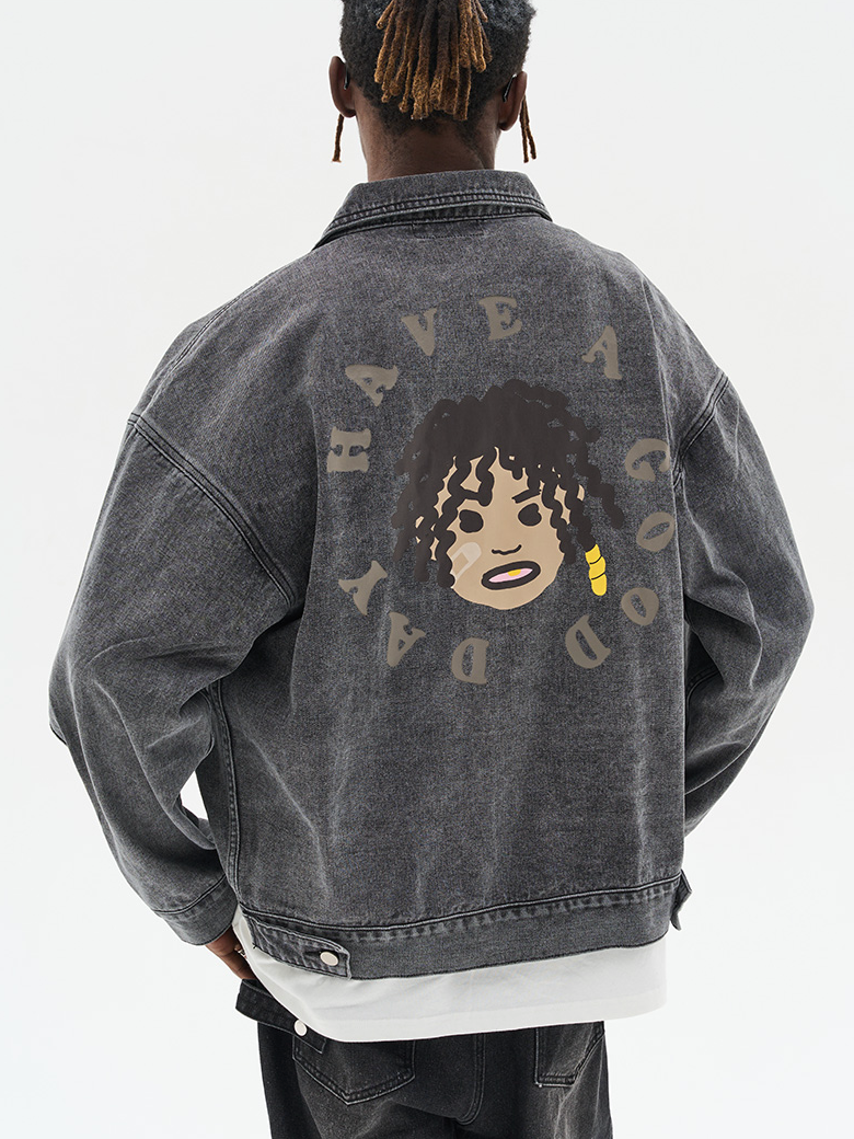 Harsh and Cruel Cartoon Face Printed Denim jacket