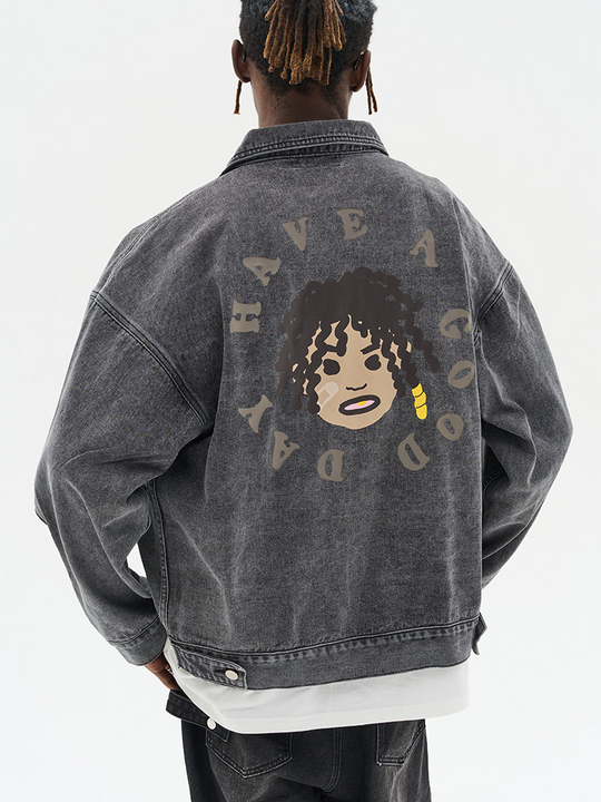 Harsh and Cruel Cartoon Face Printed Denim jacket