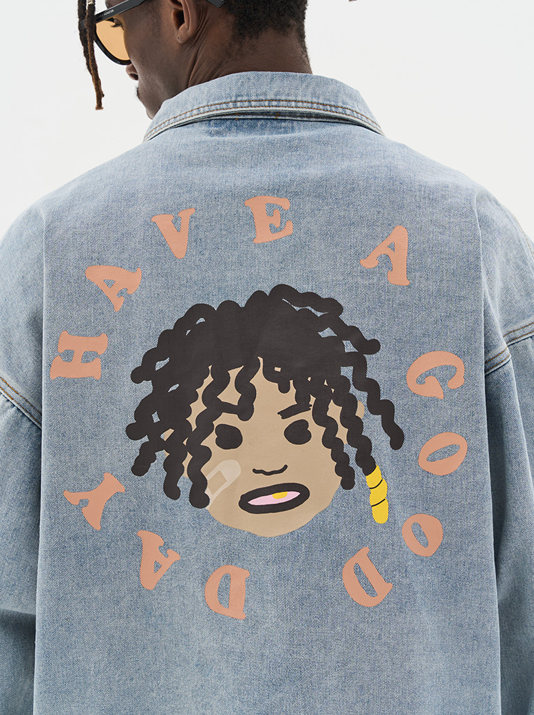 Harsh and Cruel Cartoon Face Printed Denim jacket