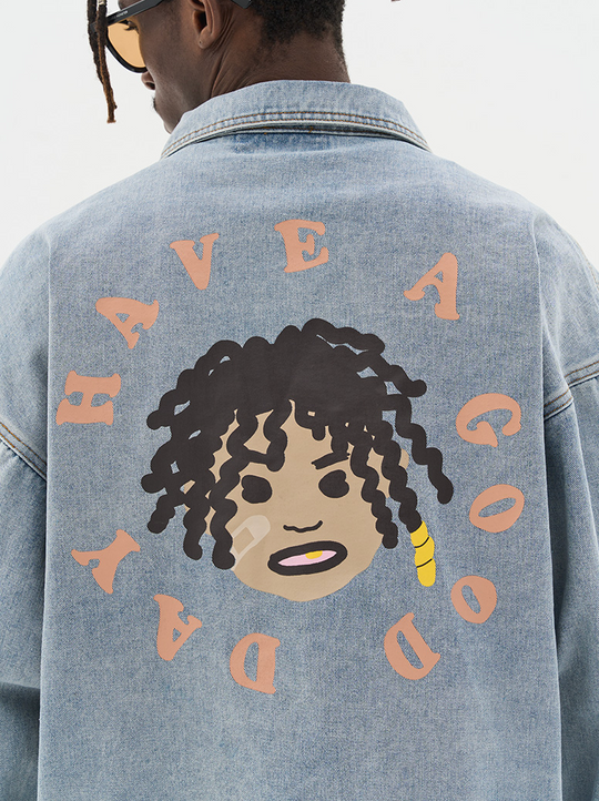 Harsh and Cruel Cartoon Face Printed Denim jacket