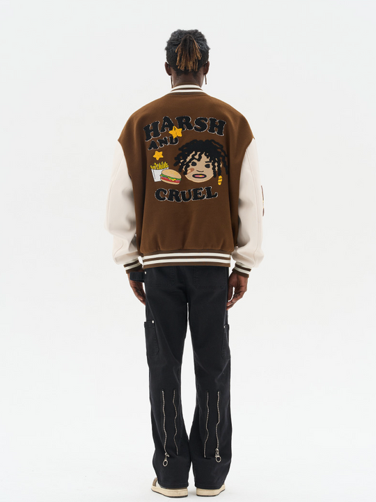Harsh and Cruel Cartoon Meal Embroidered Varsity Jacket