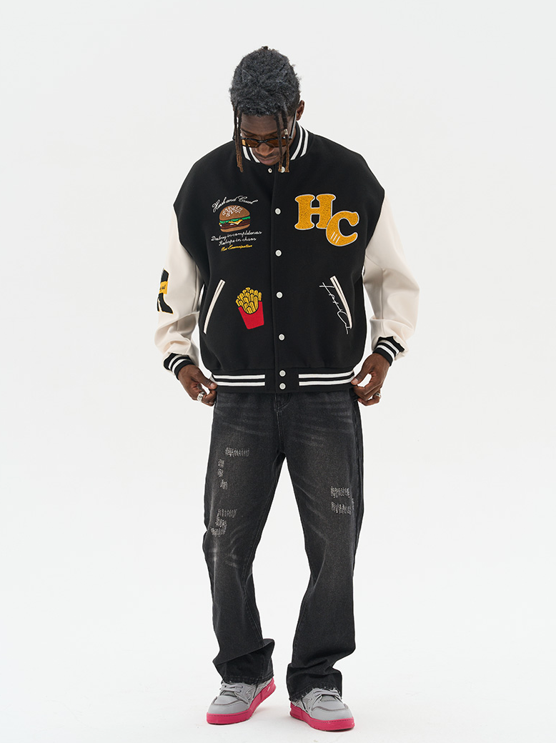 Harsh and Cruel Cartoon Meal Embroidered Varsity Jacket