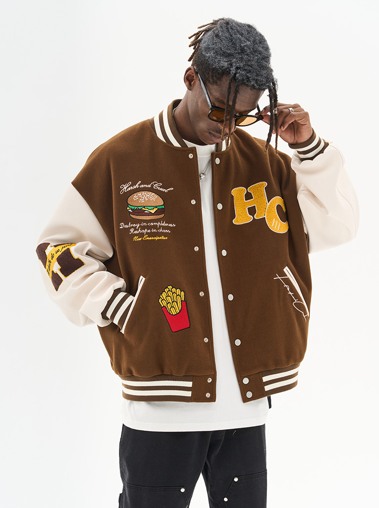 Harsh and Cruel Cartoon Meal Embroidered Varsity Jacket