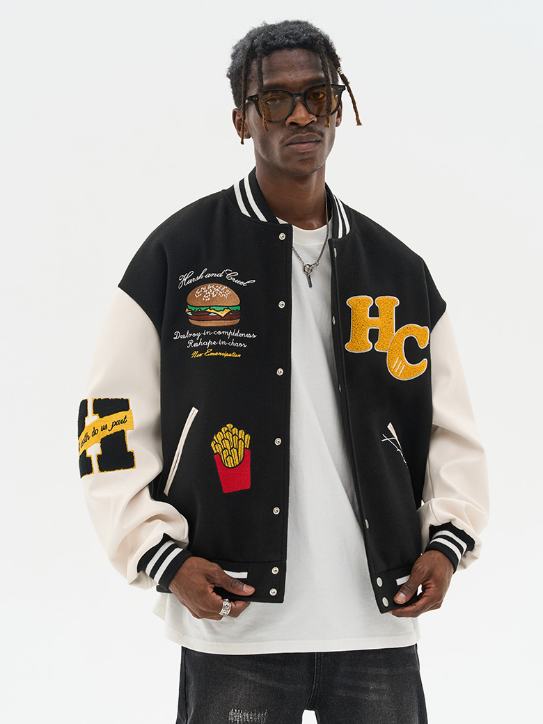 Harsh and Cruel Cartoon Meal Embroidered Varsity Jacket