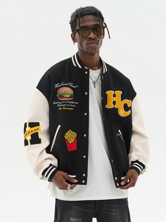 Harsh and Cruel Cartoon Meal Embroidered Varsity Jacket