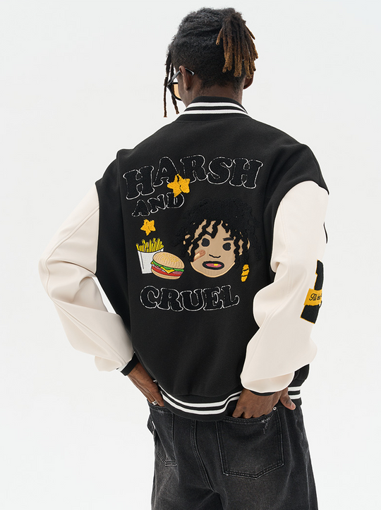 Harsh and Cruel Cartoon Meal Embroidered Varsity Jacket
