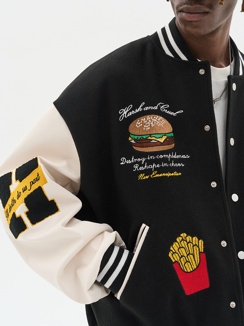 Harsh and Cruel Cartoon Meal Embroidered Varsity Jacket