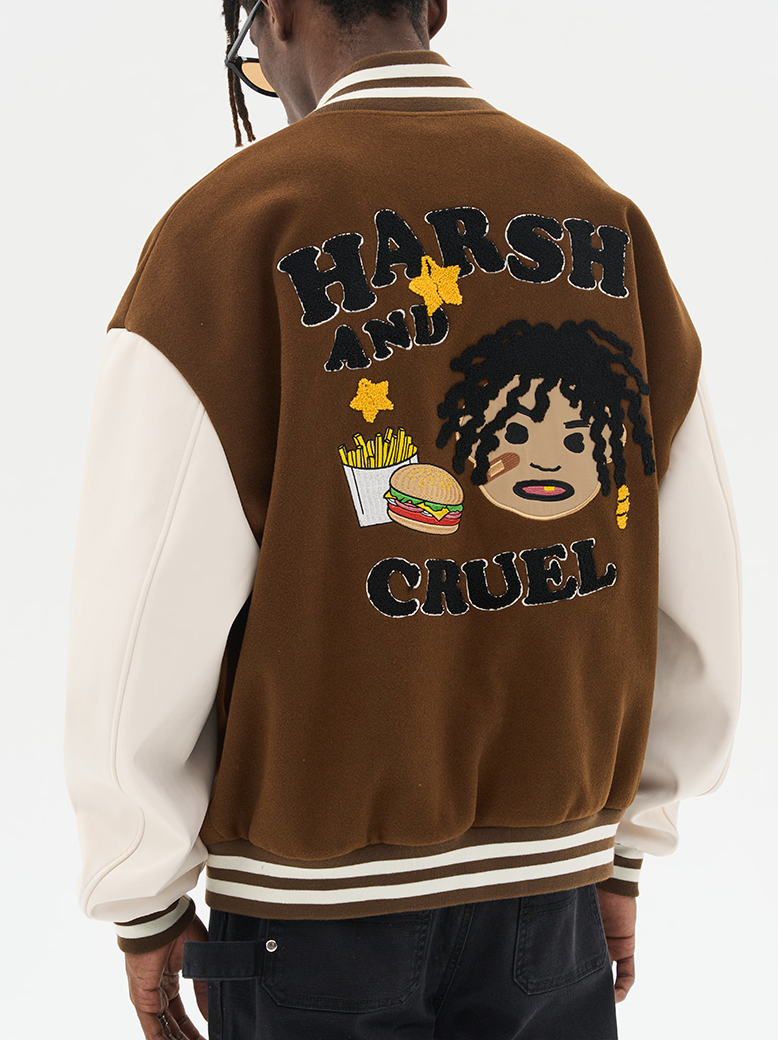 Harsh and Cruel Cartoon Meal Embroidered Varsity Jacket
