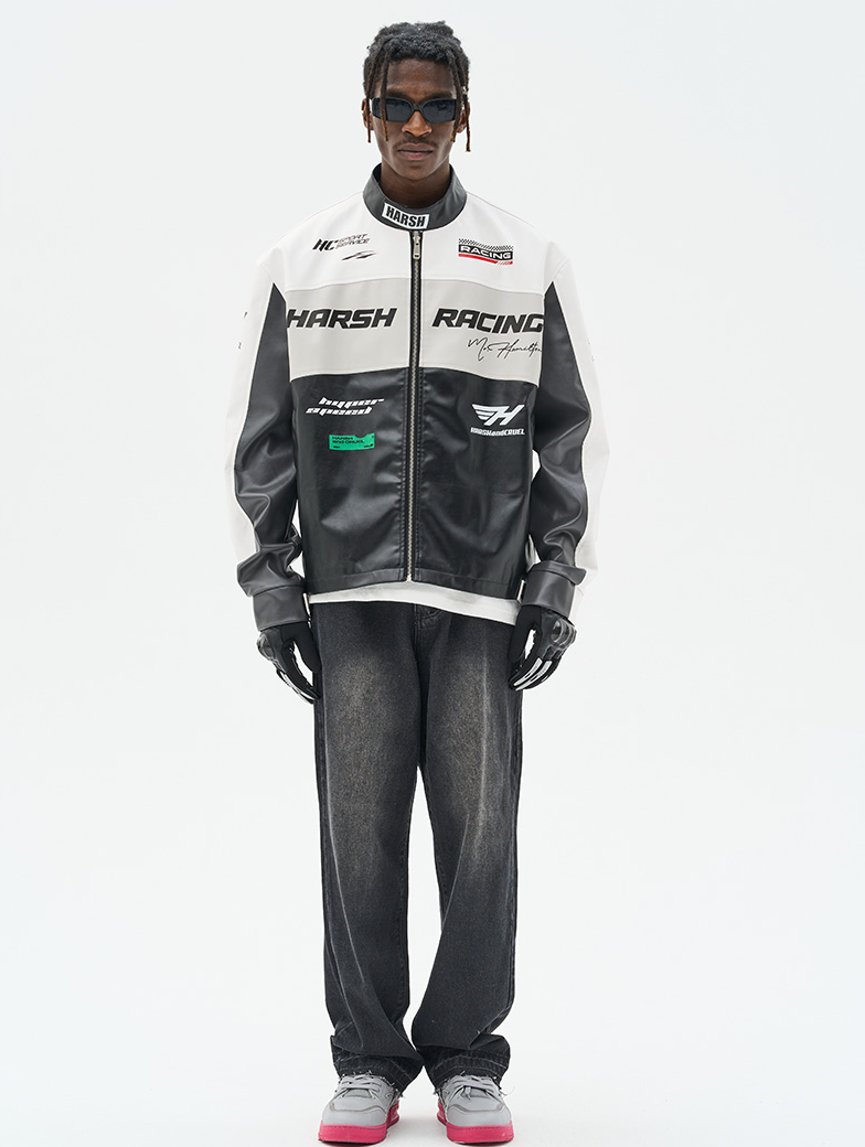 Harsh and Cruel Colorful Lapel F1 Racing Suit Faux Leather Jacket - The jacket features a colorful lapel design, inspired by F1 racing suits. It is made of faux leather material for a sleek, sporty look.