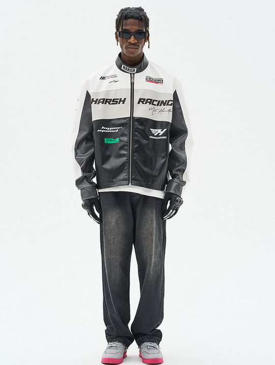 Harsh and Cruel Colorful Lapel F1 Racing Suit Faux Leather Jacket - The jacket features a colorful lapel design, inspired by F1 racing suits. It is made of faux leather material for a sleek, sporty look.