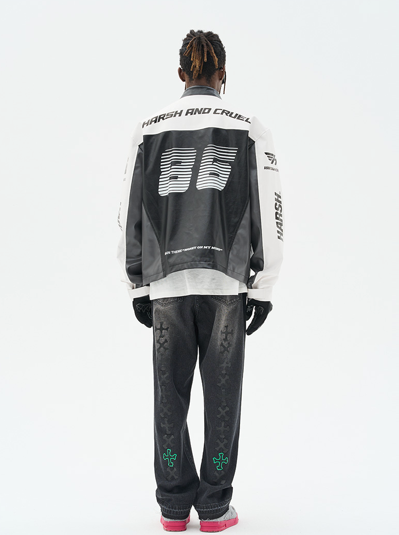 Harsh and Cruel Colorful Lapel F1 Racing Suit Faux Leather Jacket - The jacket features a colorful lapel design, inspired by F1 racing suits. It is made of faux leather material for a sleek, sporty look.