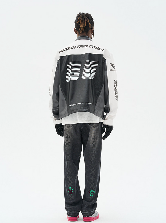 Harsh and Cruel Colorful Lapel F1 Racing Suit Faux Leather Jacket - The jacket features a colorful lapel design, inspired by F1 racing suits. It is made of faux leather material for a sleek, sporty look.