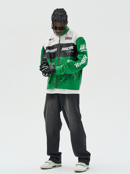 Harsh and Cruel Colorful Lapel F1 Racing Suit Faux Leather Jacket - The jacket features a colorful lapel design, inspired by F1 racing suits. It is made of faux leather material for a sleek, sporty look.