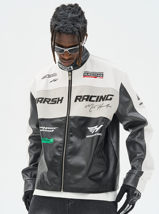 Harsh and Cruel Colorful Lapel F1 Racing Suit Faux Leather Jacket - The jacket features a colorful lapel design, inspired by F1 racing suits. It is made of faux leather material for a sleek, sporty look.