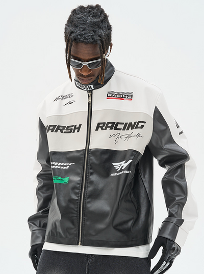 Harsh and Cruel Colorful Lapel F1 Racing Suit Faux Leather Jacket