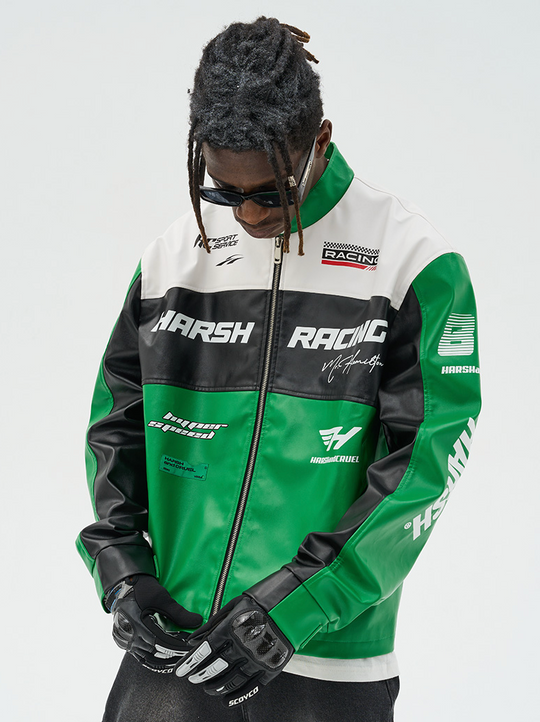 Harsh and Cruel Colorful Lapel F1 Racing Suit Faux Leather Jacket - The jacket features a colorful lapel design, inspired by F1 racing suits. It is made of faux leather material for a sleek, sporty look.