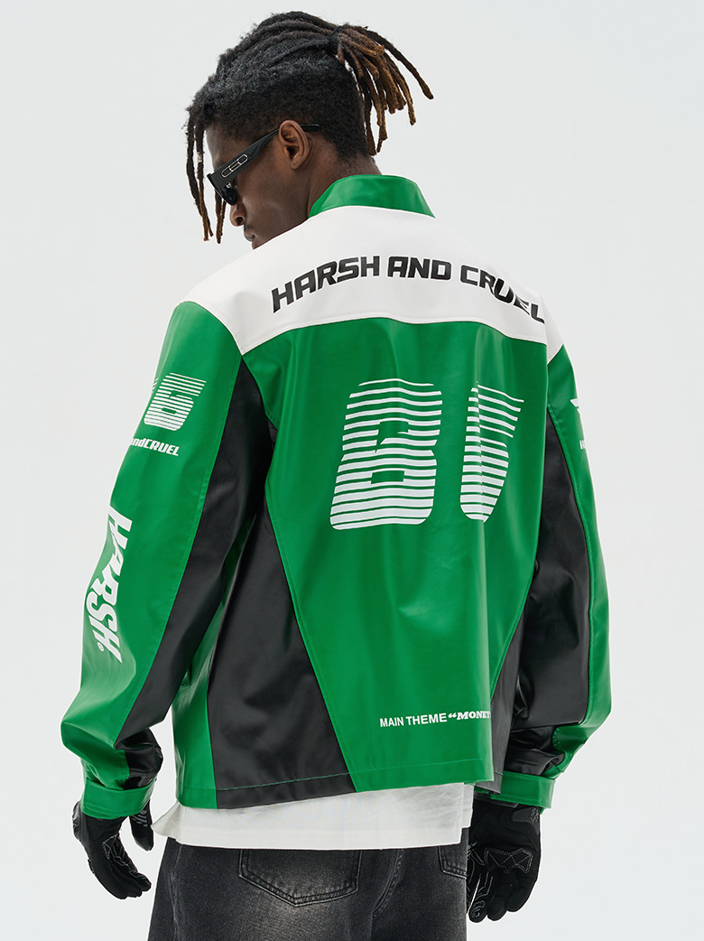 Harsh and Cruel Colorful Lapel F1 Racing Suit Faux Leather Jacket - The jacket features a colorful lapel design, inspired by F1 racing suits. It is made of faux leather material for a sleek, sporty look.