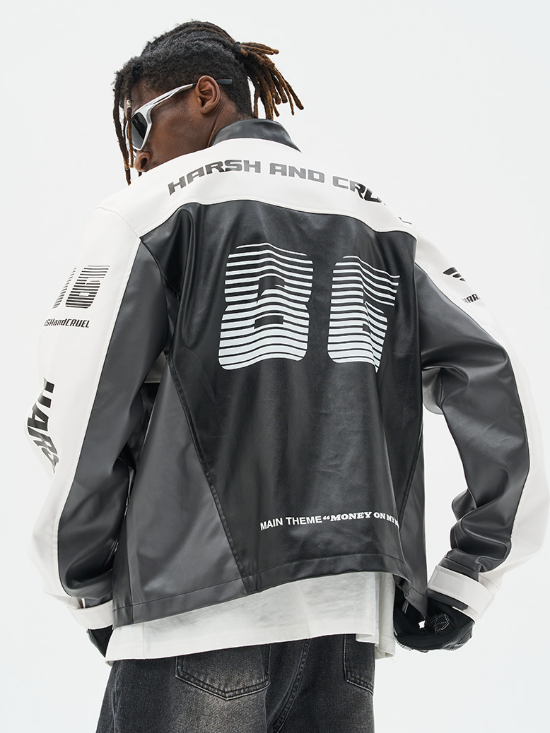 Harsh and Cruel Colorful Lapel F1 Racing Suit Faux Leather Jacket - The jacket features a colorful lapel design, inspired by F1 racing suits. It is made of faux leather material for a sleek, sporty look.