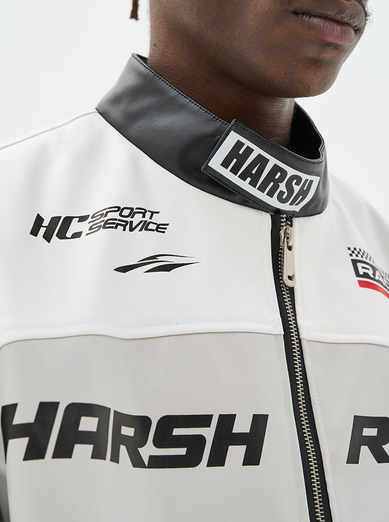 Harsh and Cruel Colorful Lapel F1 Racing Suit Faux Leather Jacket - Close-up view of the colorful lapel design on the faux leather jacket.